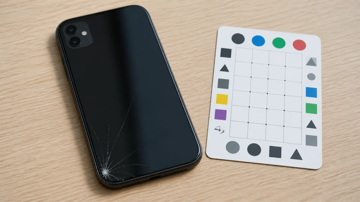 Sprucken iPhone 14 Plus bredvid färg- och rutkort för kontroll av bild och touch