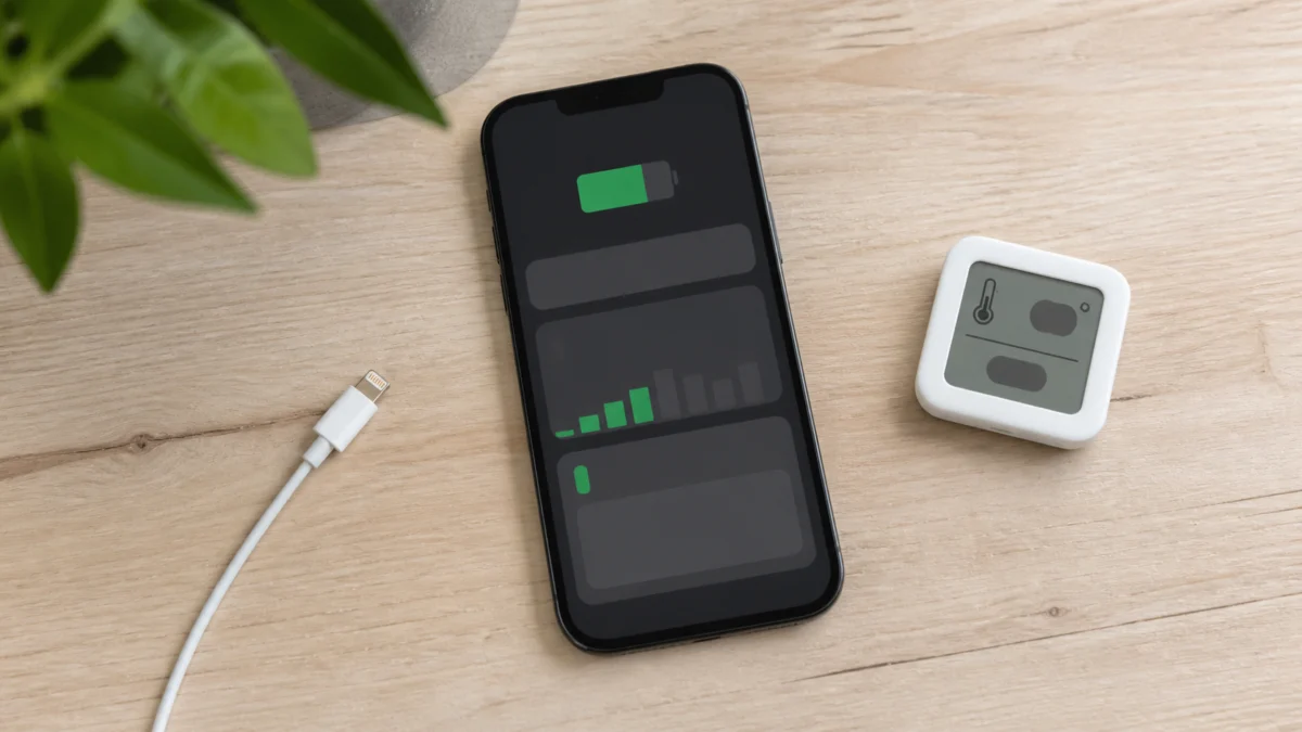 iPhone 14 Plus med batterisymbol bredvid laddkabel och termometer inför batteridiagnos