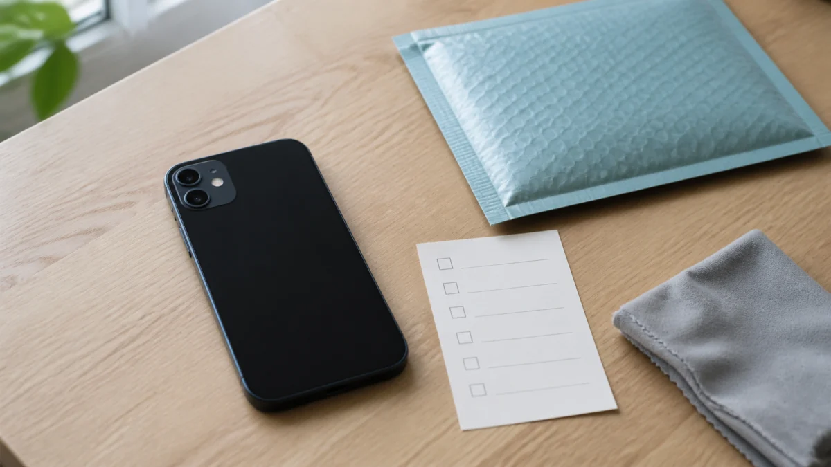 Avstängd stor mobiltelefon bredvid checklista, vadderat kuvert och putsduk inför batteriservice