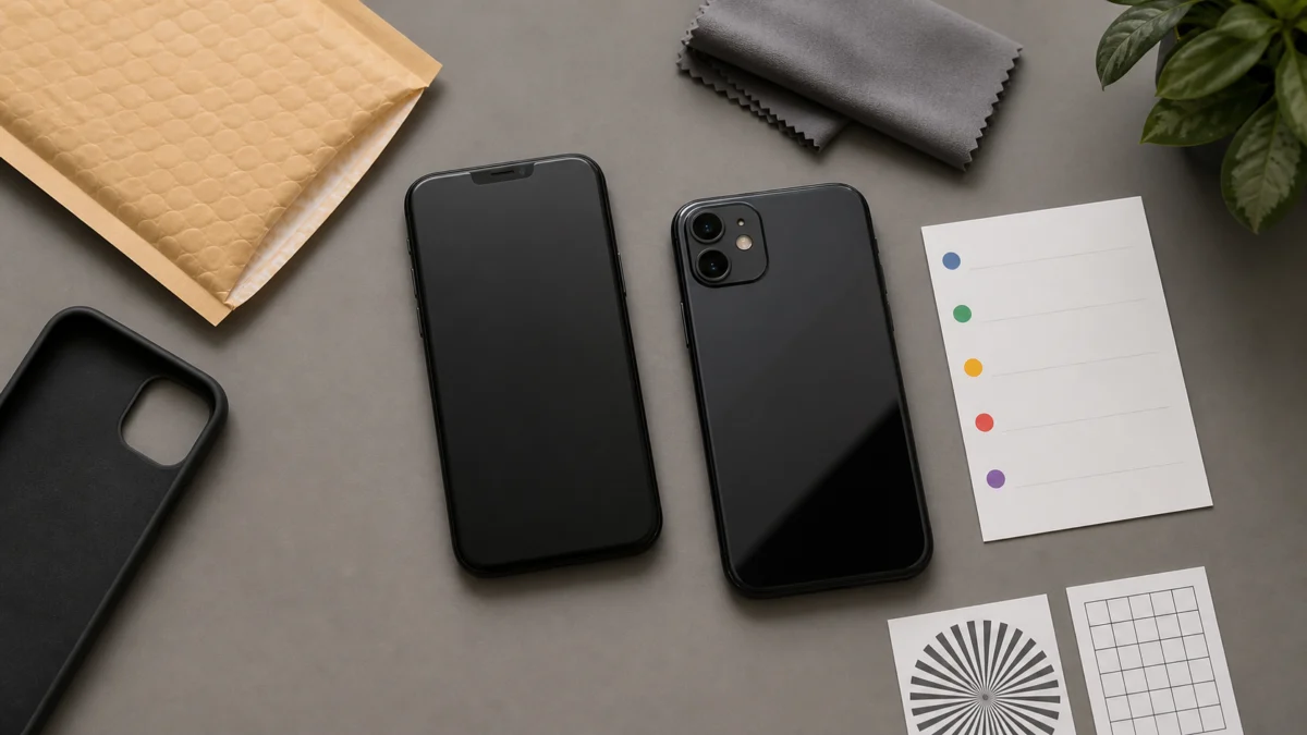 iPhone 14 Plus fram- och baksida bredvid skyddskuvert, putsduk, checklista och kameratestkort