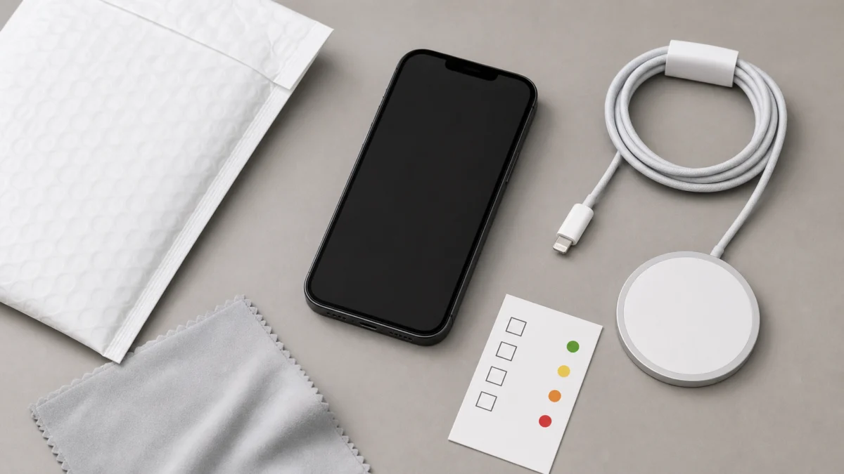 Avstängd iPhone 14 Plus bredvid Lightning-kabel, MagSafe-laddare, skyddskuvert, putsduk och checklista