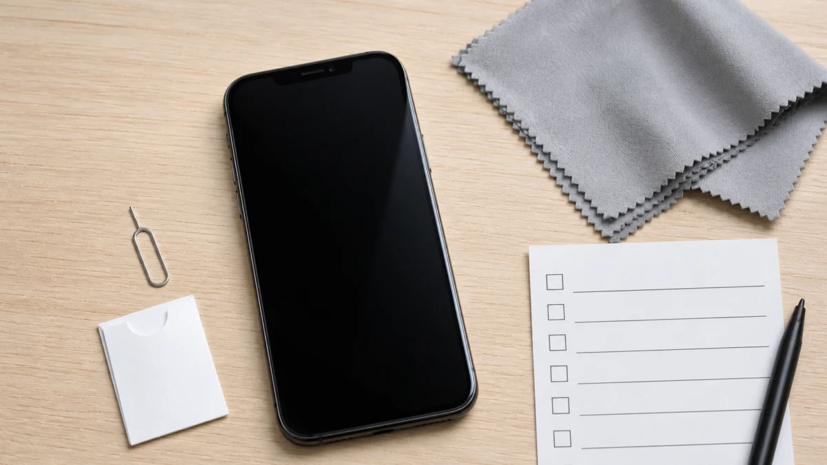 Avstängd iPhone 14 Plus bredvid SIM-verktyg, kuvert, putsduk och tom checklista inför vätskediagnos
