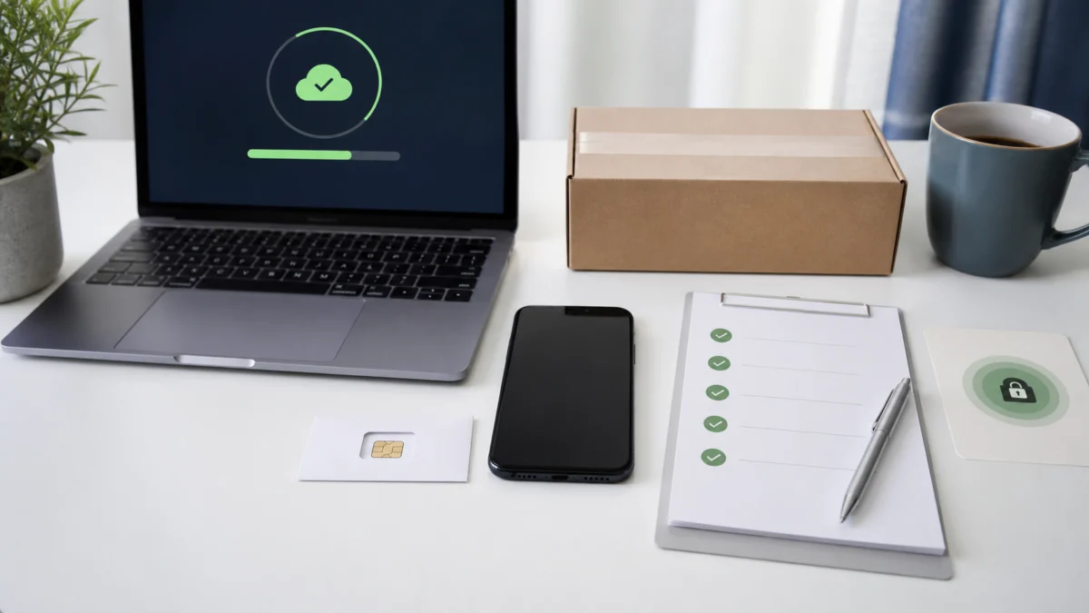 Avstängd iPhone bredvid slutförd säkerhetskopia, SIM-kuvert, checklista och skyddande fraktkartong