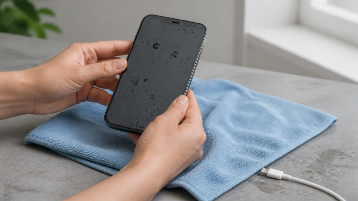 Blöt iPhone 14 Plus hålls ovanför en torr mikrofiberduk med laddkabeln urkopplad