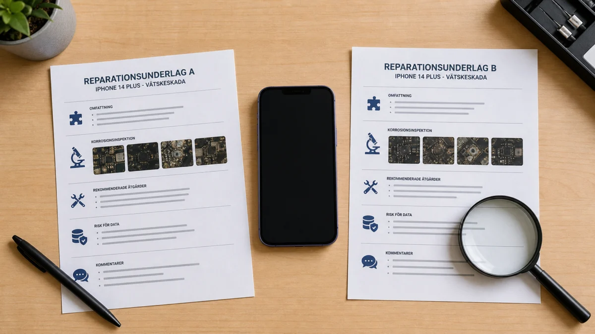 iPhone 14 Plus mellan två reparationsunderlag för jämförelse av vätskeskadebedömning
