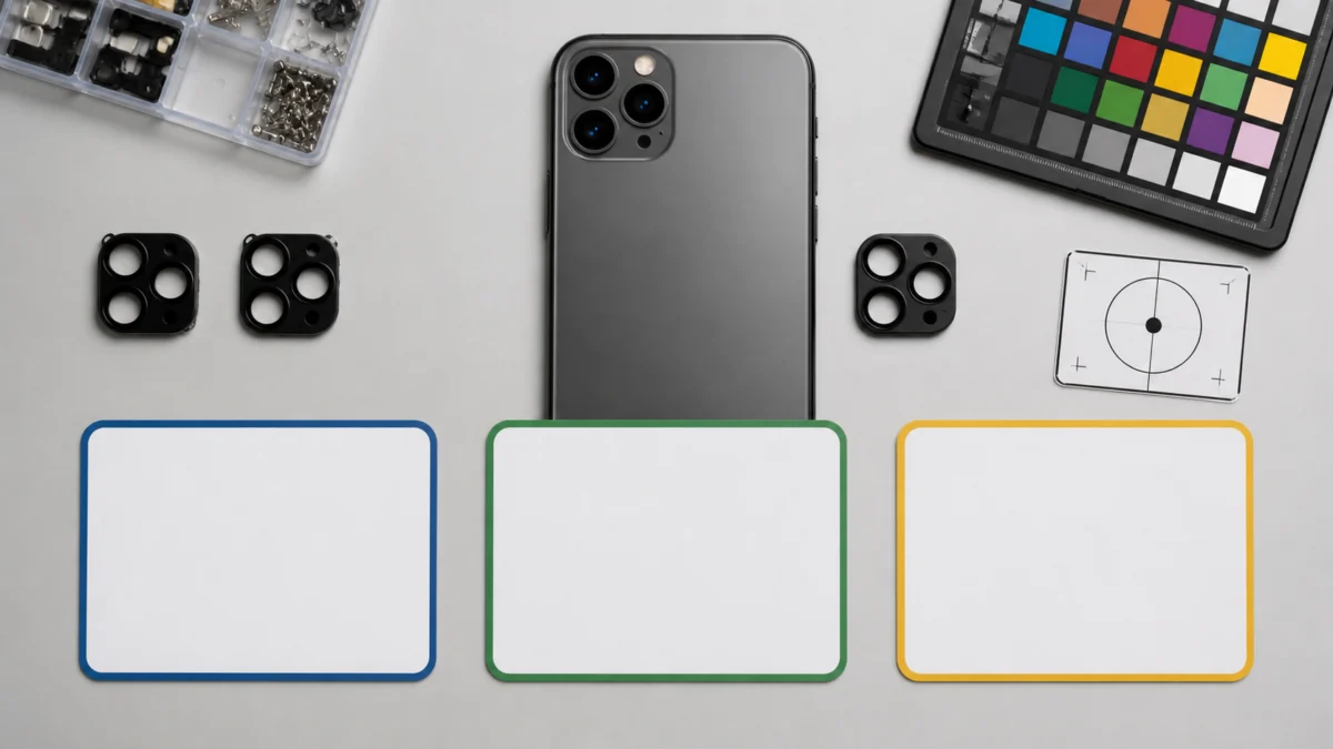 iPhone med kameramoduler bredvid tre färgmarkerade offertkort och testmål