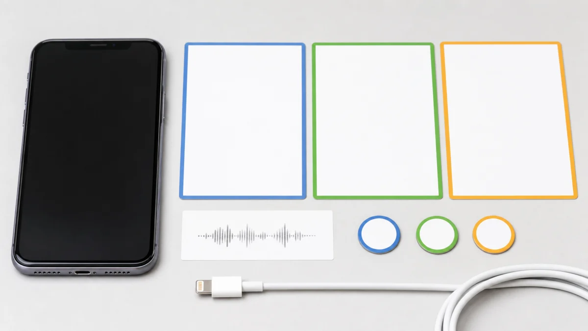 iPhone bredvid tre färgmarkerade offertkort, Lightning-kabel och testmarkörer för laddportsservice
