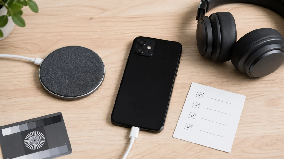 iPhone ansluten till laddkabel bredvid trådlös laddare och checklista efter batteriservice