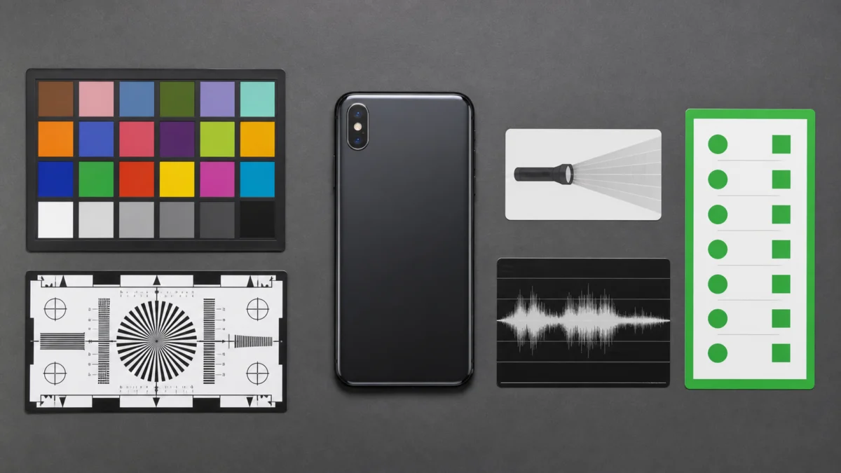 iPhone bredvid färgkort, skärpemål, ficklampstest, ljudvåg och grön checklista