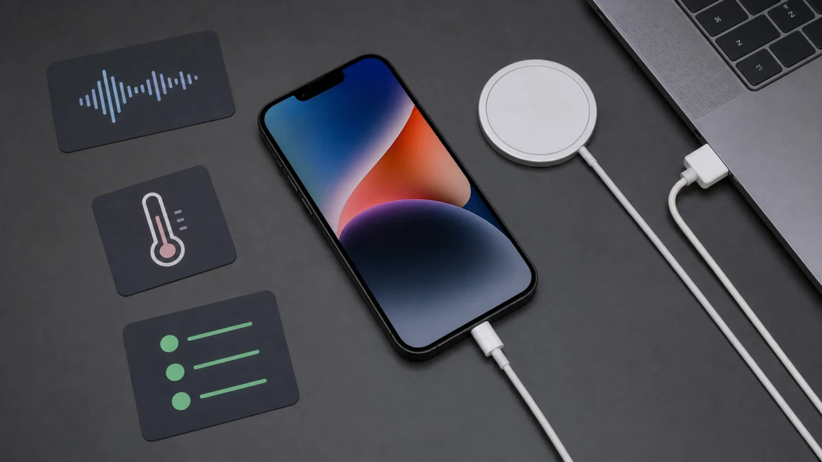 iPhone ansluten med Lightning-kabel bredvid MagSafe-laddare, dator och kontrollkort för mikrofon och temperatur