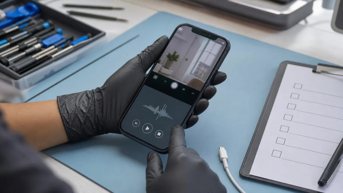 iPhone 14 Plus funktionstestas på reparationsbänk efter vätskeskadeservice