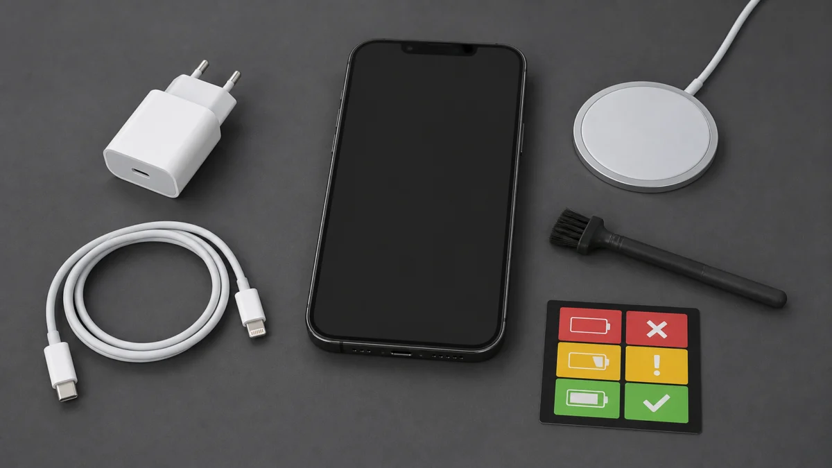 iPhone 14 Plus bredvid Lightning-kabel, adapter, MagSafe-laddare, mjuk borste och batteritestkort
